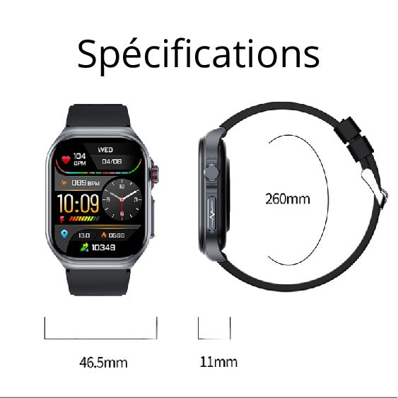 Montre intelligente étanche IP68 avec bracelet en silicone de 2,04 pouces ET585, prise en charge de la mesure de la composition sanguine/ECG
